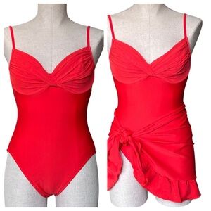 Oscar De La Renta Red Ruched Mesh Swimsuit Sz 12 With Matching Sarong Sz M
